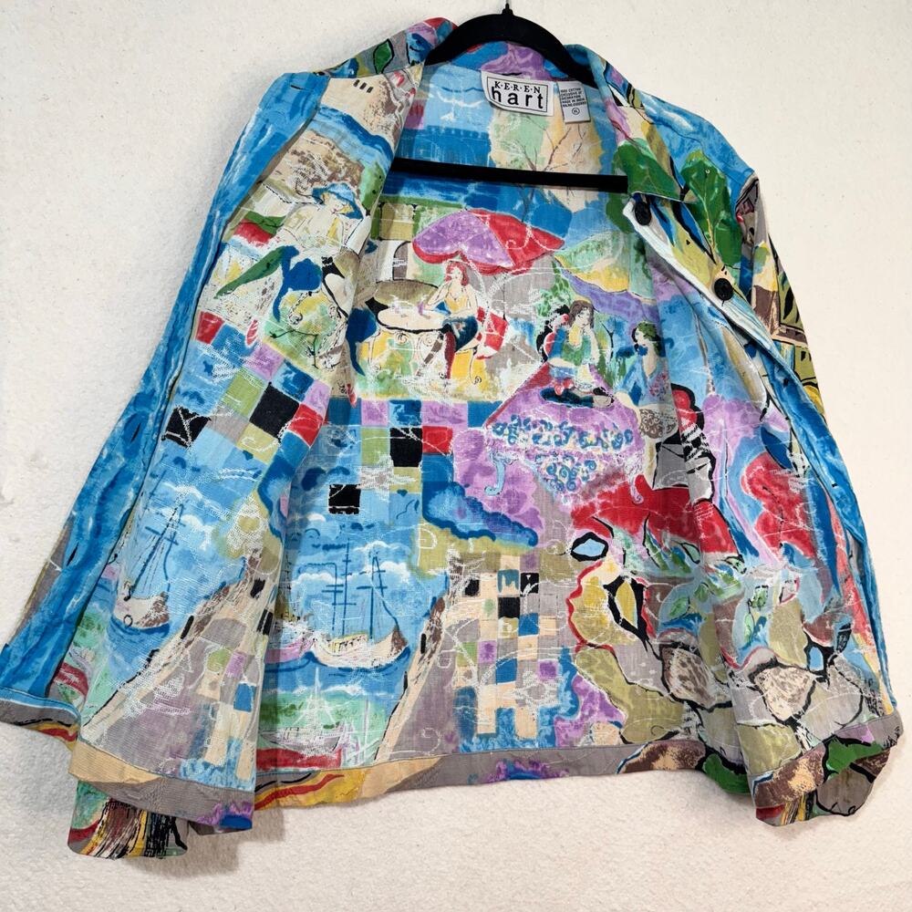 Keren Hart Jacket Vibrant Colorful Scenic Picasso Cafe Art Cotton Blazer Size XL - Picture 6 of 9